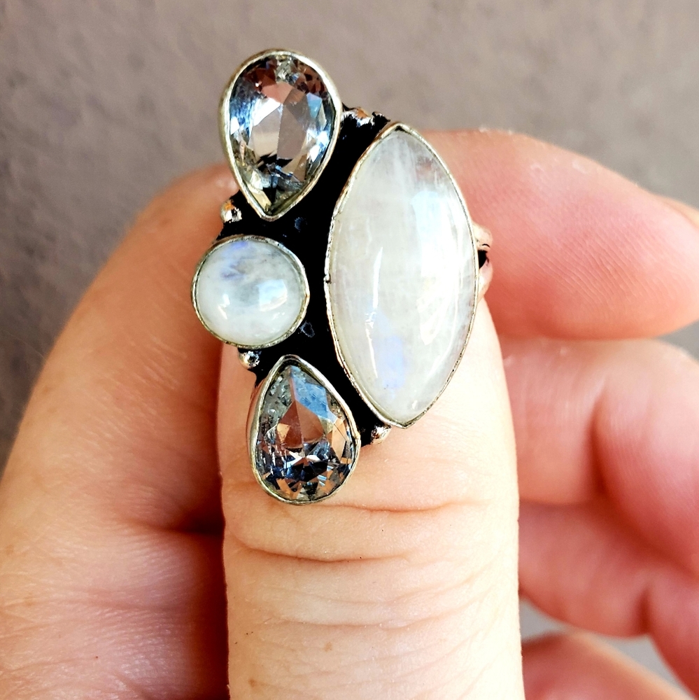 New Rainbow Moonstone and White Topaz Silver Ring.
